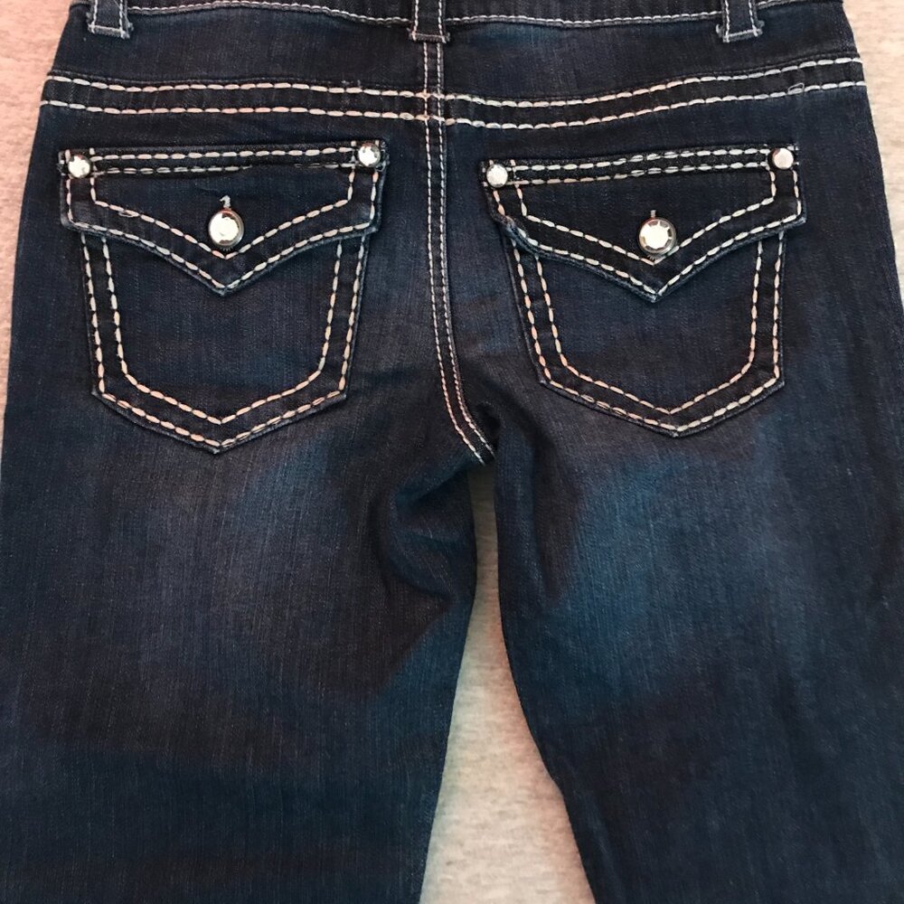 Paisley Sky Dark Wash Denim Jeans Bejeweled Studs White Stitch Stretch Size 4
